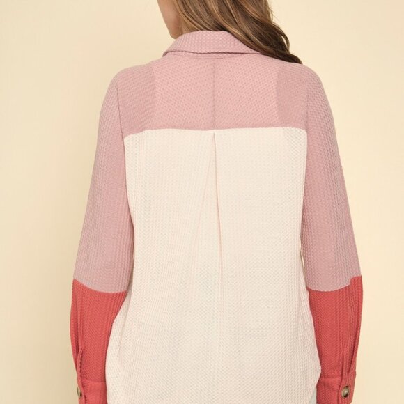 MYSTREE Colorblock Button Down Shirt , Waffle Knit Button Down Top, Pink Blush - Picture 5 of 8